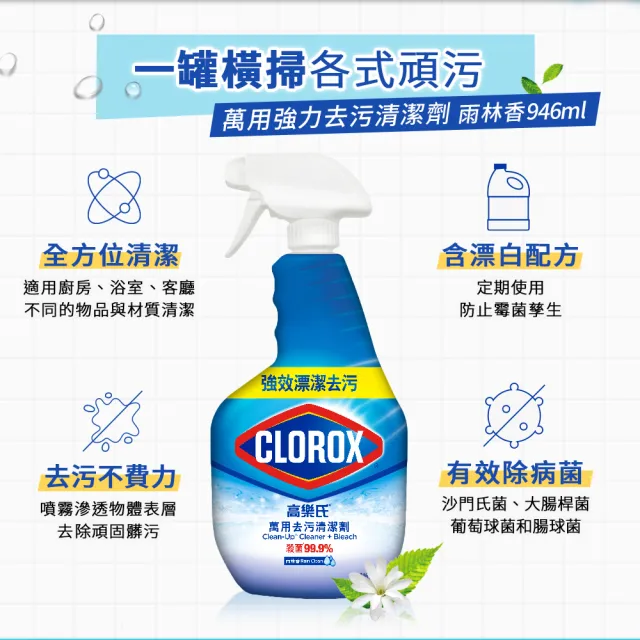 【Clorox 高樂氏】萬用強力去汙清潔噴劑噴槍946mlx3-雨林香(環境消毒/浴室除垢/廚房去油/含漂白水)