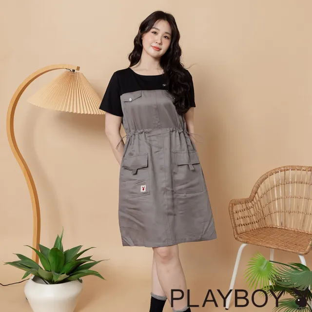 【PLAYBOY】工裝天絲大口袋洋裝 - 黑色