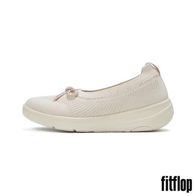 【FitFlop】SUPER-Q 蝴蝶結水鑽邊針織芭蕾舞平底鞋-女(米色)