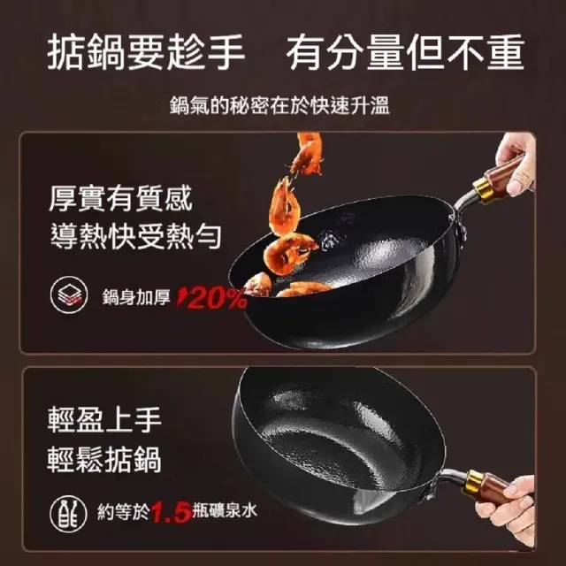 【歐德沐】0塗層不粘大肚鍋 不沾鍋 炒鍋 平底鍋 24cm錘紋 0塗層 不粘鍋 免開鍋 不挑爐灶 木蓋/玻璃蓋