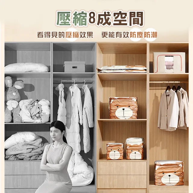 【TAI LI 太力】二代可愛熊5件套組真空收納袋壓縮袋可重覆使用 衣服收納袋 行李箱 手壓真空袋