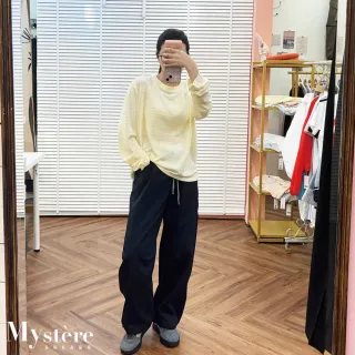 【my stere 我的時尚秘境】雙11 假兩件撞色綁帶小彎刀褲 兩色可選 彎刀褲 休閒褲 綁帶寬褲 工裝