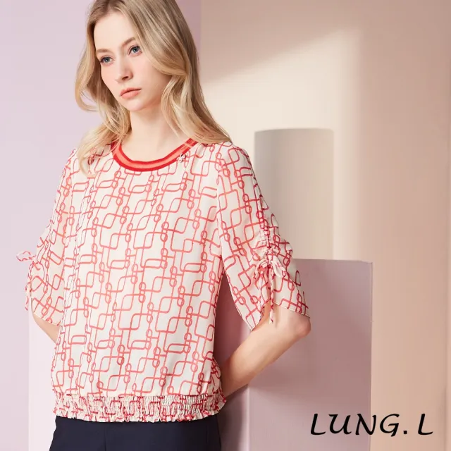 【LUNG.L 林佳樺】LW39A 紅色幾何印花圓領綁結雪紡五分袖上衣