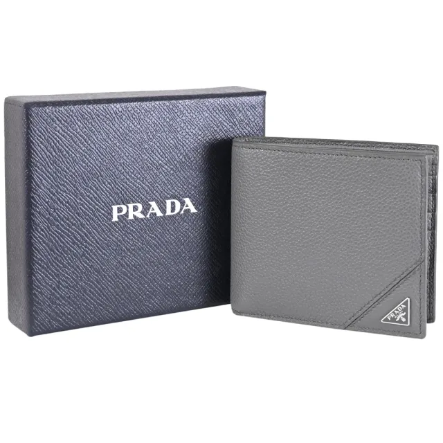 【PRADA 普拉達】經典三角LOGO荔枝牛皮對折雙層8卡短夾(灰)
