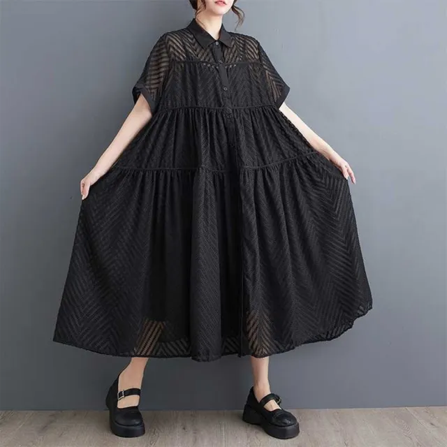 【巴黎精品】現貨限搶 女連身裙寬鬆洋裝大尺碼長裙連衣裙A字裙大碼女裝(短袖菱線鏤空女裙子2色a1fd35)5.5