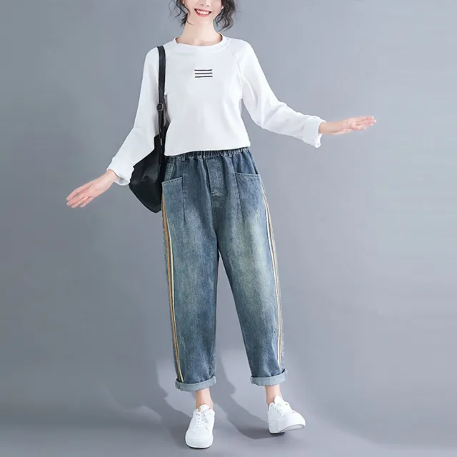 【巴黎精品】現貨限搶 高腰牛仔褲丹寧長褲大碼寬褲直筒褲裙落地褲女裝(修身撞色拉條休閒女褲子a1fe34)5.5