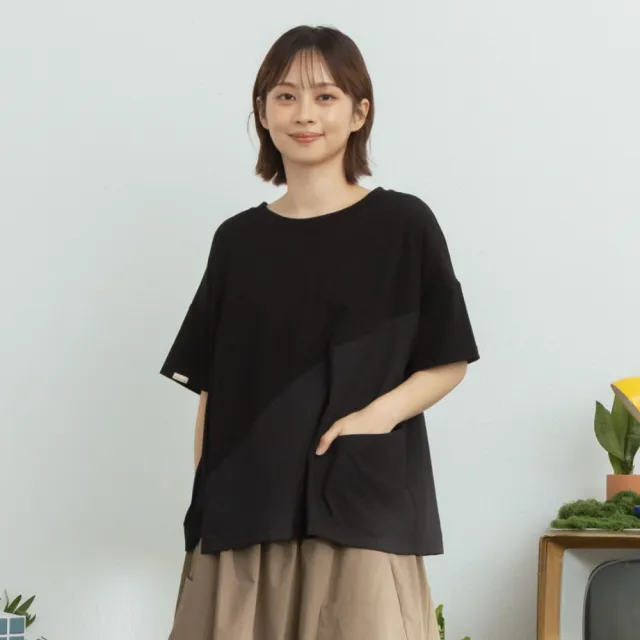 【MOSS CLUB】斜剪接抓摺寬鬆短袖上衣 黑 白(魅力商品)