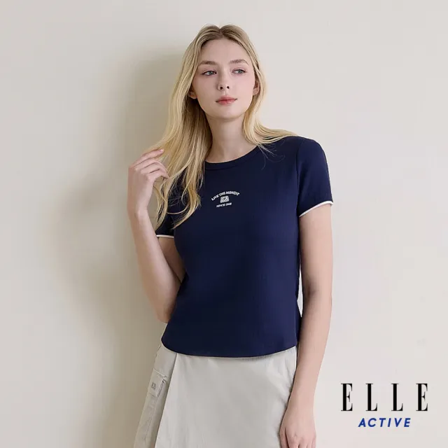 【ELLE ACTIVE】女款 圓領修身羅紋短袖T恤-深藍色(EA26S1W1604-39)