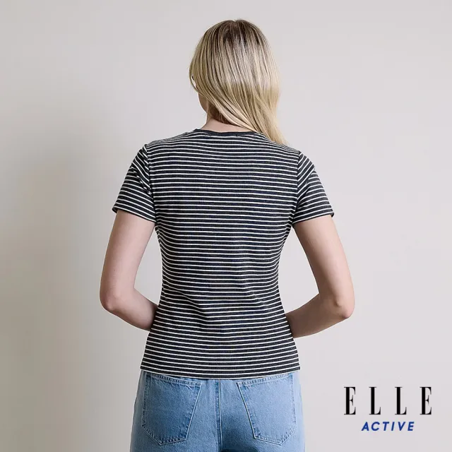 【ELLE ACTIVE】女款 圓領修身條紋短袖T恤-黑色(EA26S1W1601-99)