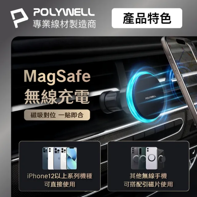 【POLYWELL】15W車用磁吸無線充電支架