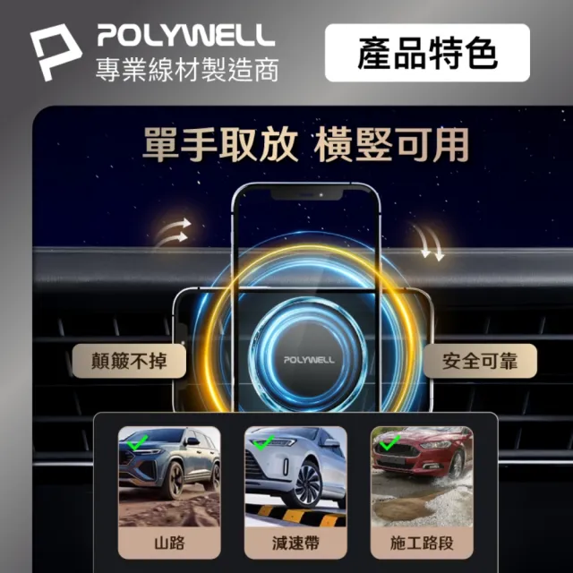 【POLYWELL】15W車用磁吸無線充電支架