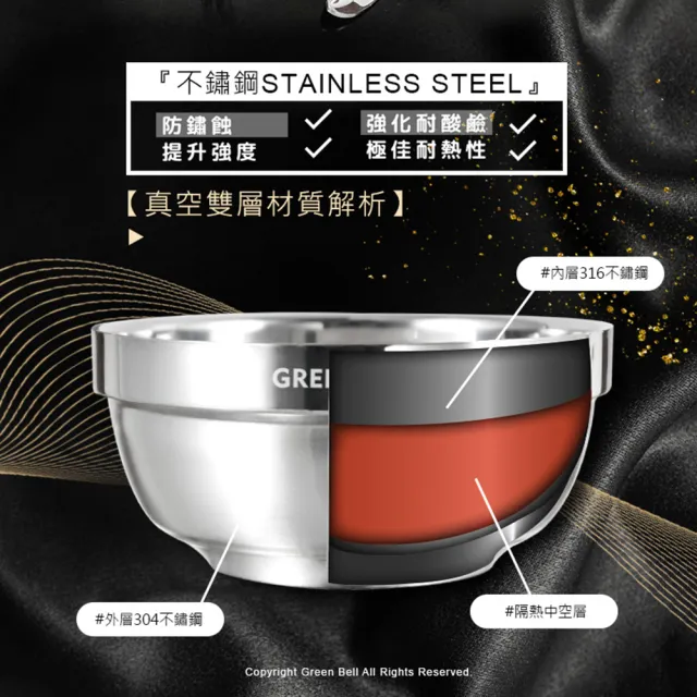 【GREEN BELL 綠貝】316不鏽鋼雙層隔熱碗筷10件組-12.5cm白金碗5入+316防滑筷5雙(防燙 耐酸 環保 SGS)