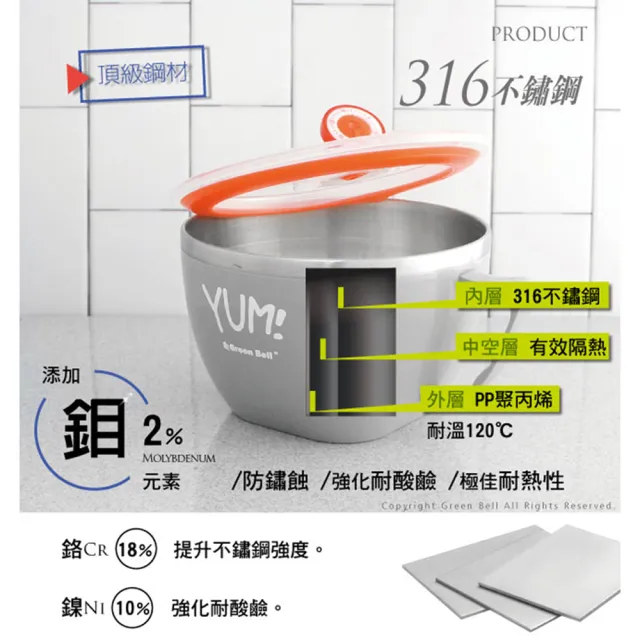 【GREEN BELL 綠貝】316不鏽鋼1.2L隔熱泡麵碗(超大容量 輕 隔熱 密封 保鮮 時間刻度)
