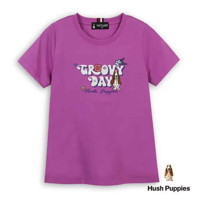 【Hush Puppies】女裝 T恤 Q版花卉拼字母刺繡狗T恤 (桃紫 / 63211104)