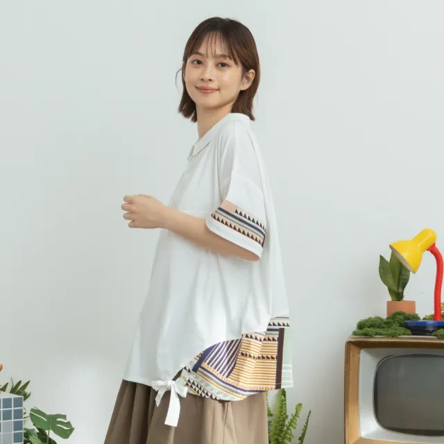 【MOSS CLUB】幾何布花拼接半門襟綁帶上衣 藍 白(魅力商品)