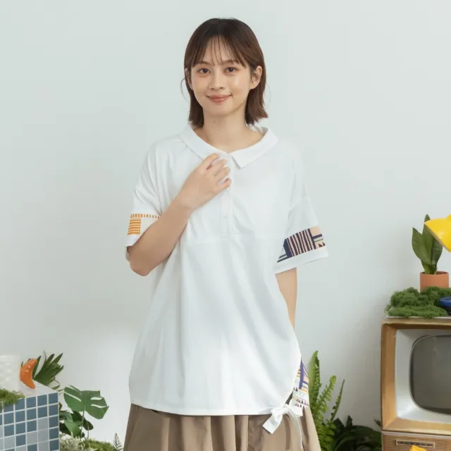 【MOSS CLUB】幾何布花拼接半門襟綁帶上衣 藍 白(魅力商品)