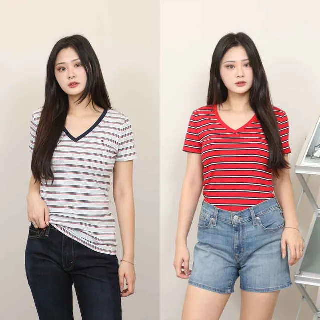 【TOMMY HILFIGER】女款 V領 Tommy Hilfiger 貼身版型 彈性 輕薄 短T 短袖 T恤 女生上衣 湯米(1524 CW4)