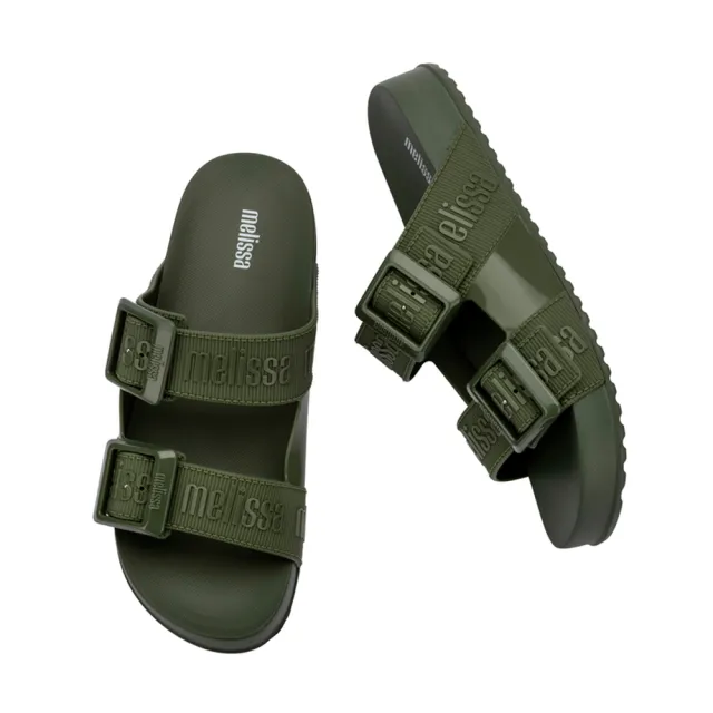 【Melissa】品牌壓紋雙扣帶拖鞋(墨綠色) 防潑水