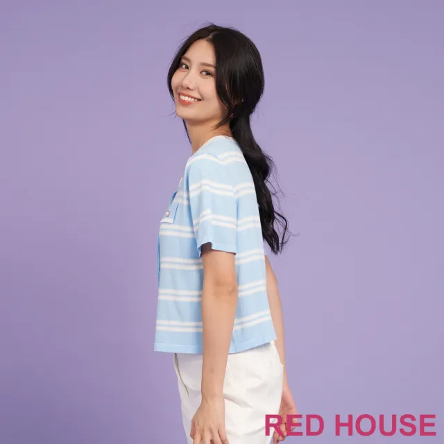 【RED HOUSE 蕾赫斯】清新小香風條紋針織外套(水藍色)