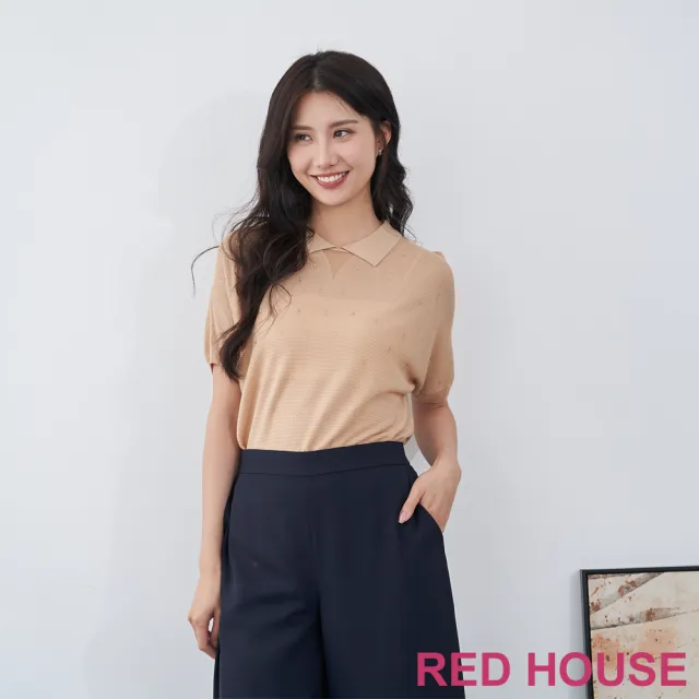 【RED HOUSE 蕾赫斯】鏤空襯衫領條紋水鑽針織衫(淺卡其)