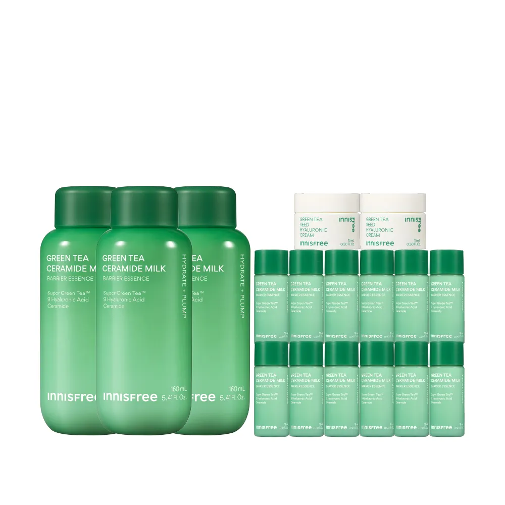【innisfree】綠茶神經醯胺牛奶水精華囤貨組(480ml/3秒保濕快充)