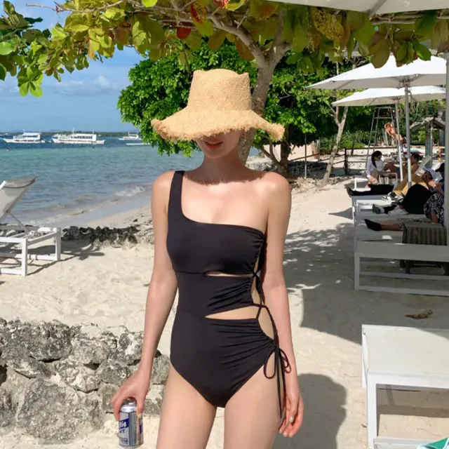 【SeasonsBikini 】單肩鏤空綁帶連身泳衣泳裝 白/黑-489