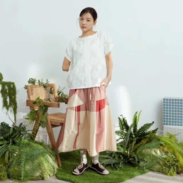 【MOSS CLUB】A字打褶大格紋裙 綠 桔