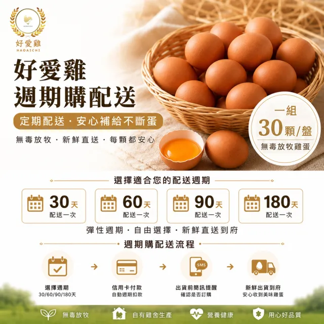 【HAOAICHI 好愛雞】週期購-無毒の放牧蛋 紅殼 小家庭單盤 共30顆(30顆/盤)非籠飼 無藥殘 無毒飼料 雞蛋