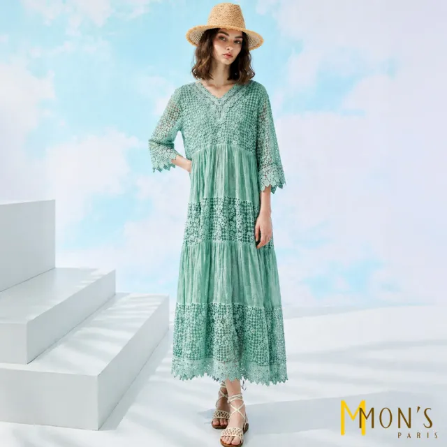 【MON’S】V領蕾絲拼接飄逸洋裝