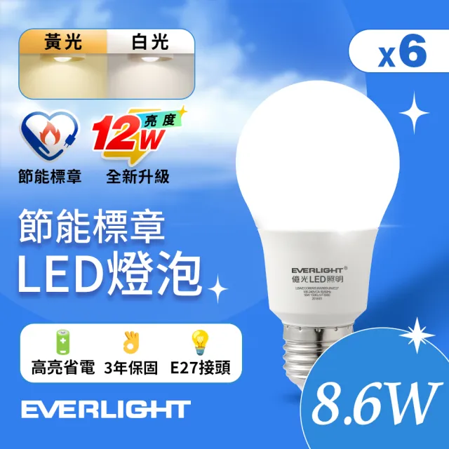 【Everlight 億光】6入組 LED燈泡 12W亮度 超節能plus 僅8.6W用電量(白光/黃光)