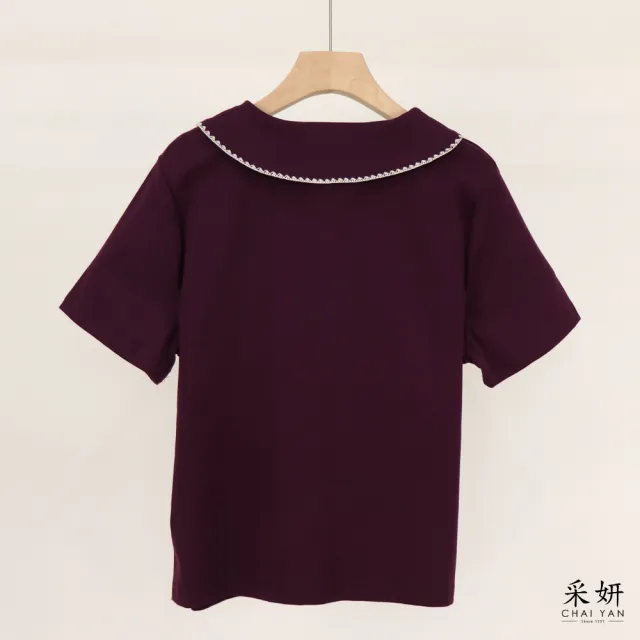 【CHAI YAN 采妍】愛心刺繡滾邊翻領短袖上衣(春夏女裝/中大尺碼/彈力/顯瘦/透氣)