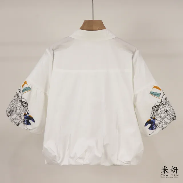 【CHAI YAN 采妍】孔雀層次胸襟泡袖襯衫(春夏女裝/中大尺碼/專櫃/刺繡/透氣)