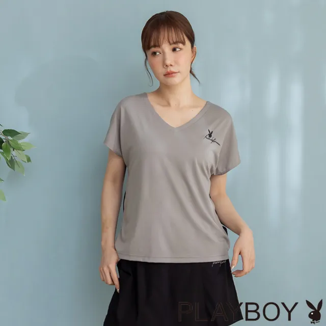 【PLAYBOY】V領後抽繩連袖上衣 - 灰藍色