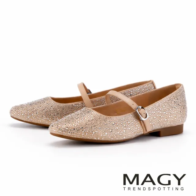 【MAGY】羊皮絨布鑽繫帶瑪莉珍平底鞋 玫瑰金