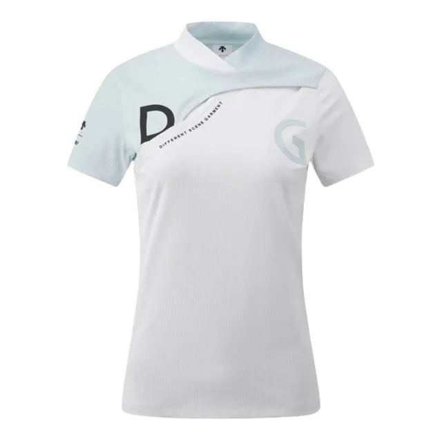 【DESCENTE】GOLF 迪桑特 女款 高爾夫球衫 撞色羅紋短袖上衣 運動上衣(黑色/白色)