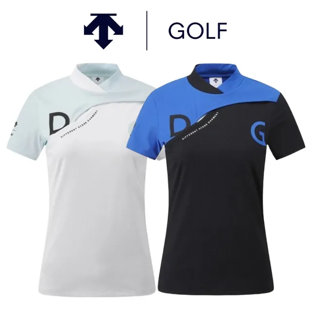【DESCENTE】GOLF 迪桑特 女款 高爾夫球衫 撞色羅紋短袖上衣 運動上衣(黑色/白色)