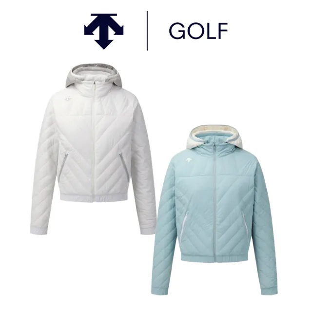 【DESCENTE】GOLF 迪桑特 女士 可拆式連帽高爾夫羽絨外套(白色/淺藍色)