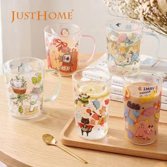 【Just Home】萌系動物透明玻璃杯2件組400ml/470ml(杯 玻璃杯 耐熱玻璃)
