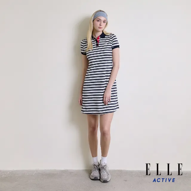 【ELLE ACTIVE】女款 翻領排釦條紋POLO短袖洋裝-藍色(EA26S1W2609#39)