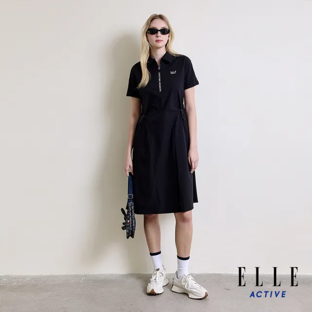 【ELLE ACTIVE】女款 抽繩收腰翻領短袖洋裝-黑色(EA26S1W2602-99)
