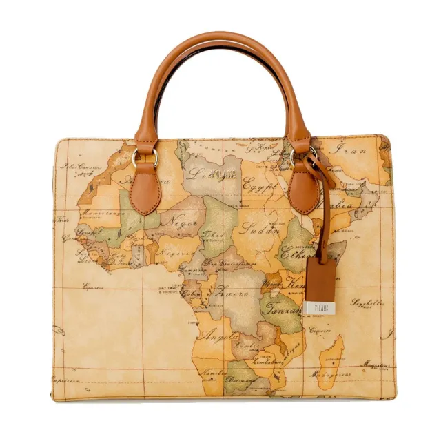 【Alviero Martini】義大利地圖包 四方手提側揹公事包 33cm(地圖黃) 下單即送品牌鑰匙圈