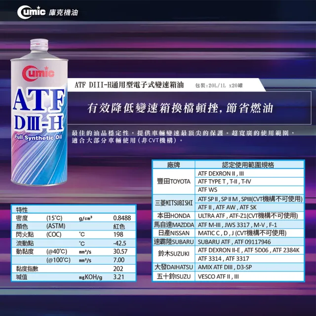 【CUMIC 庫克】ATF DⅢ-H通用型電子滑動式變速箱油1L