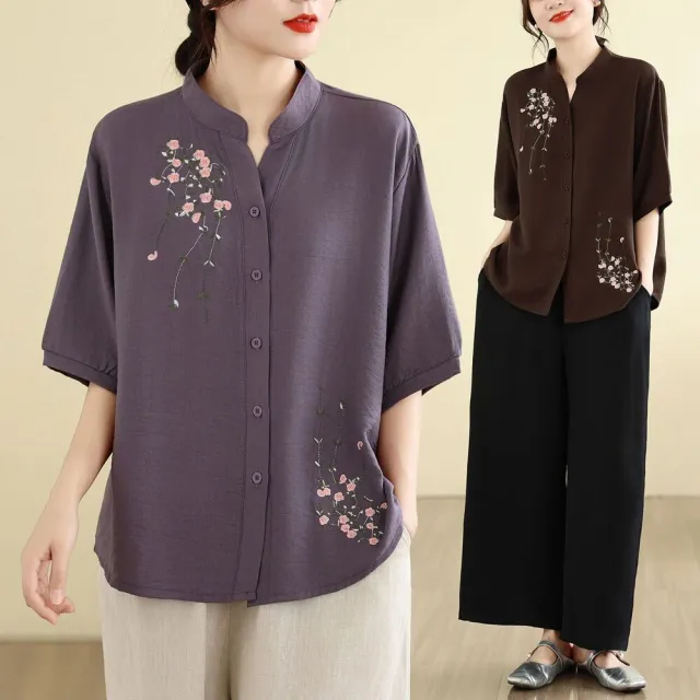 【AKARA】和風棉麻繡花精緻五分袖襯衫上衣 中大尺碼 L-3XL