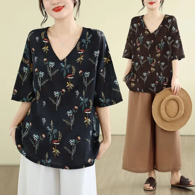 【AKARA】日系花卉冰絲涼感V領五分袖上衣 中大尺碼 L-3XL
