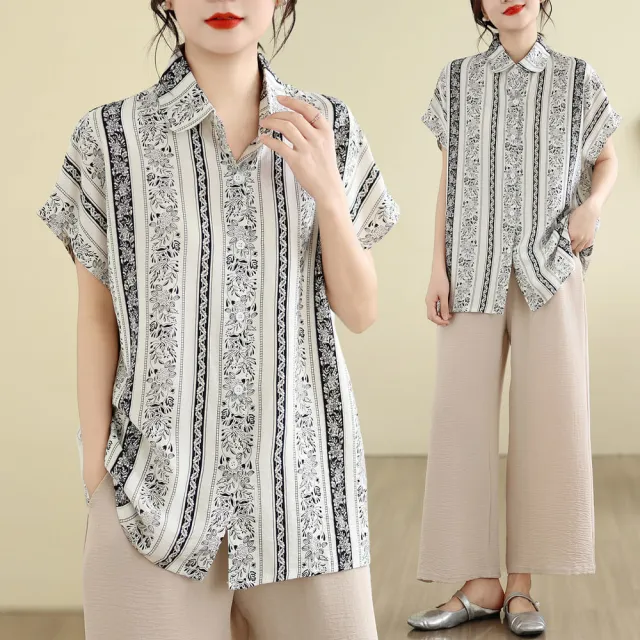 【AKARA】文藝棉麻條紋花涼感三分袖襯衫上衣 中大尺碼 L-3XL