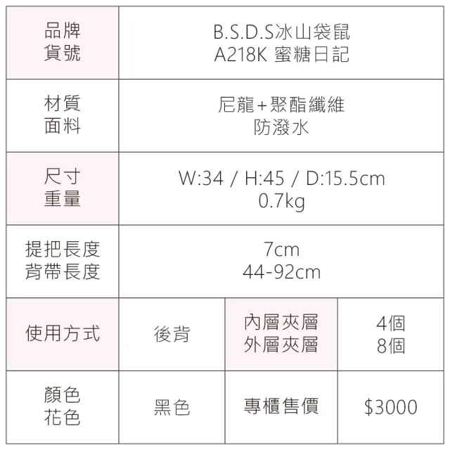 【冰山袋鼠】雙11 蜜糖日記 - 輕旅多夾層附插袋胸扣後背包 - 黑色(A218K)