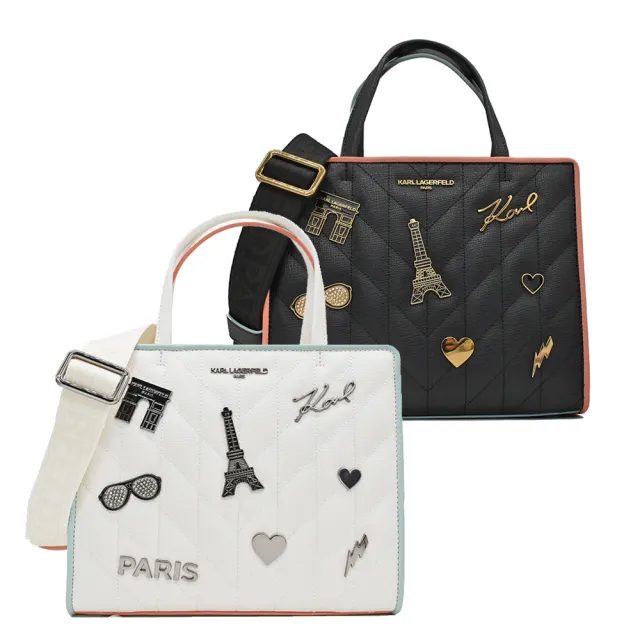 【KARL LAGERFELD 卡爾】卡爾老佛爺貓咪金屬圖案飾邊手提包斜背包