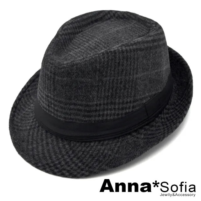 【AnnaSofia】紳士帽爵士帽禮帽-絨面經典格紋 現貨(墨灰系)