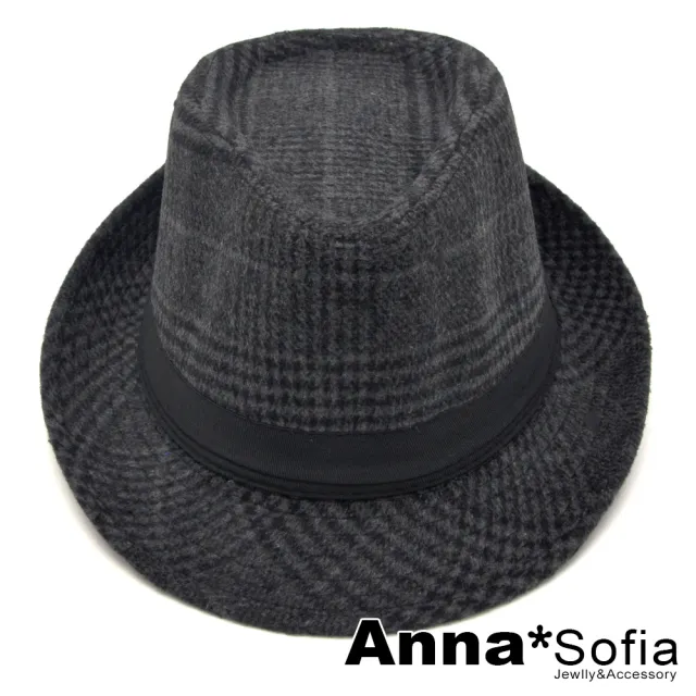 【AnnaSofia】紳士帽爵士帽禮帽-絨面經典格紋 現貨(墨灰系)