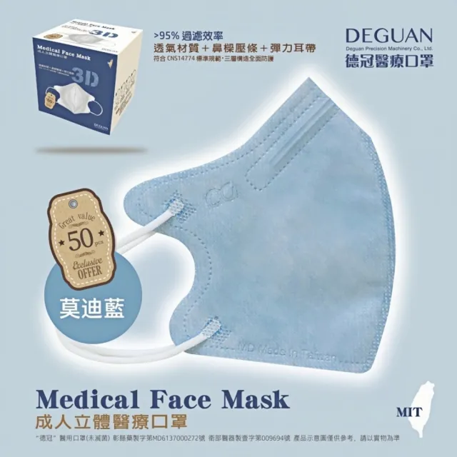 【Deguan】德冠 3D立體成人醫療口罩 X3盒(50入/盒 親水層光滑不起毛 透氣親膚)